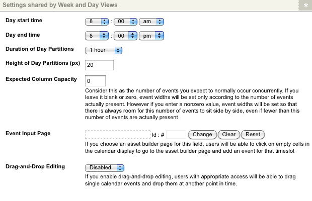 The settings shared by week and day views section of the details screen