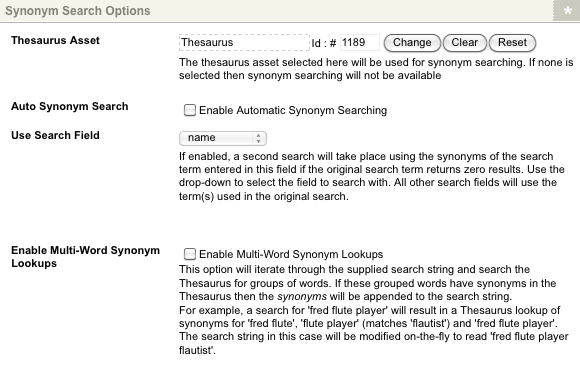 Additional fields in the synonym search options section