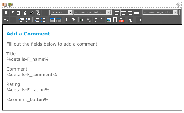 The WYSIWYG editor on the comment create form layout bodycopy
