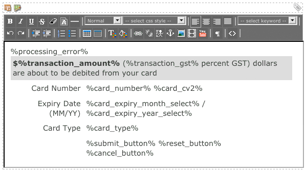 The WYSIWYG editor on the display format bodycopy