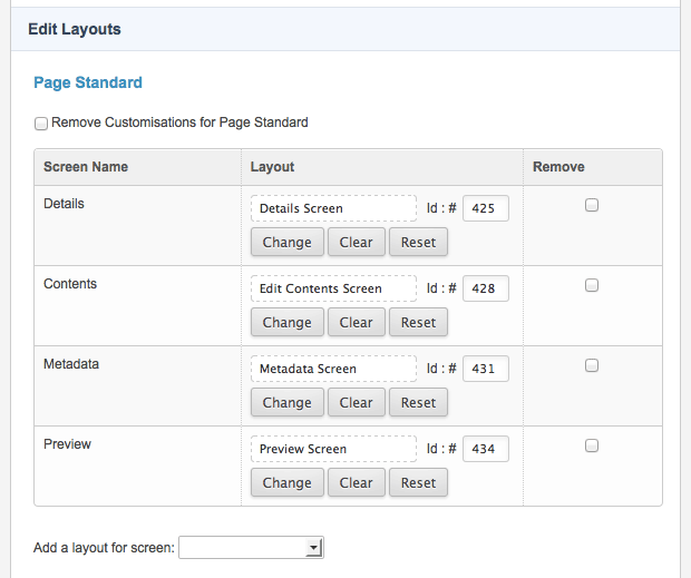 The edit layouts section of the layout manager