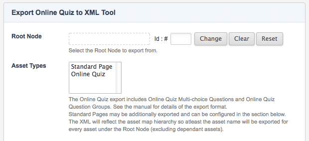 The Export online quiz to XML tool section