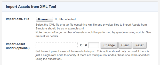 The Import assets from XML tool screen