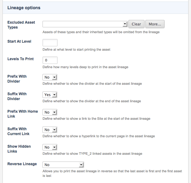 The Lineage options section of the Details screen