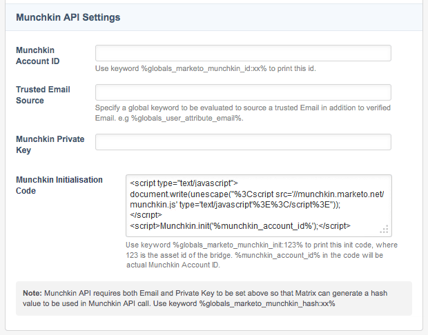 The Munchkin API settings section of the Details screen