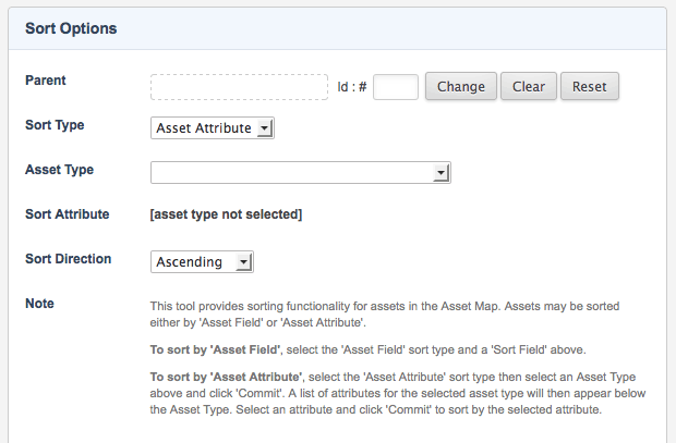 The sort options section for the asset attribute sort type