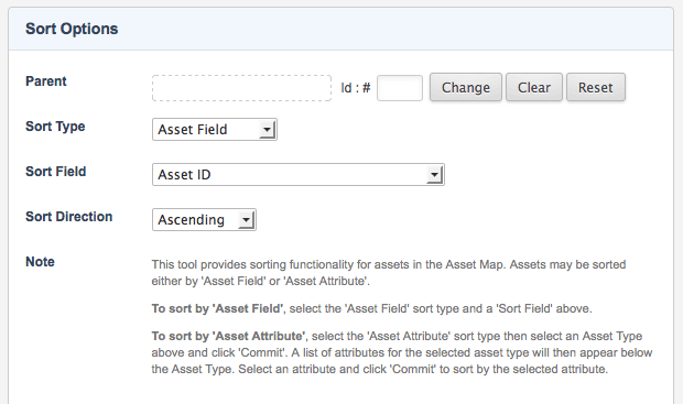 The sort options section of the asset sorting tool screen