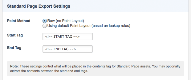 The standard page export settings section
