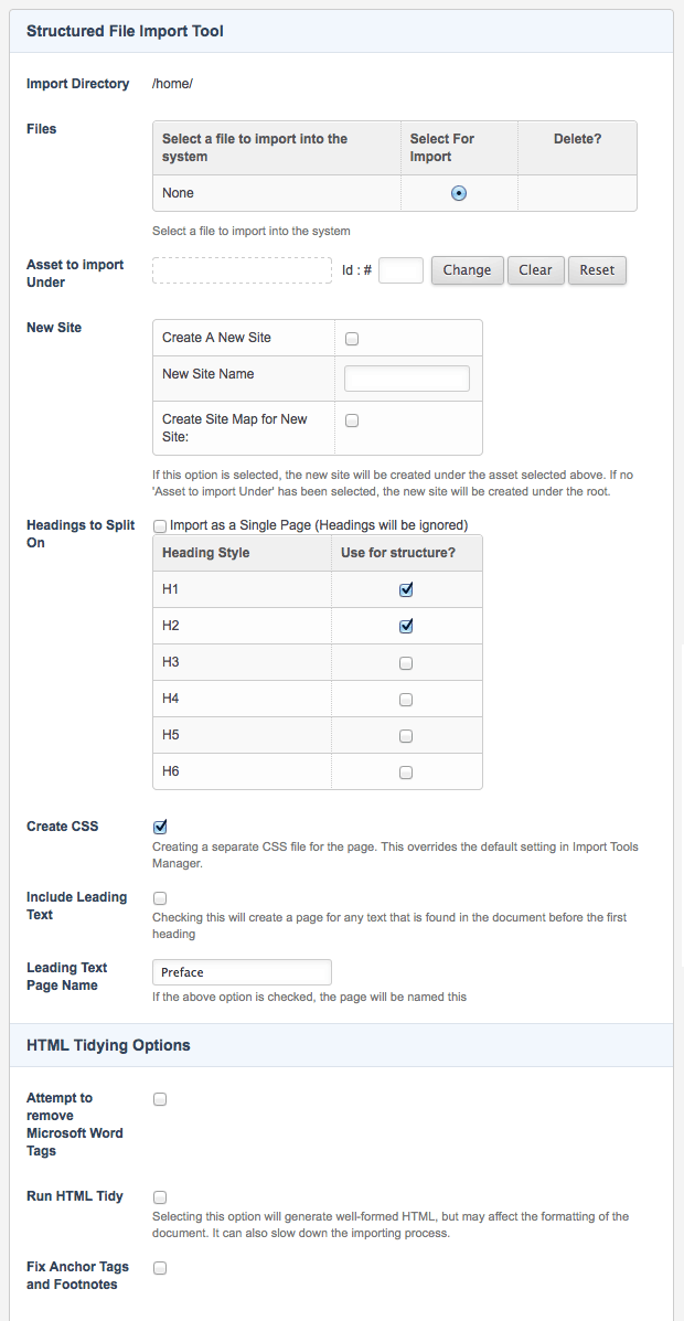 The structured file import tool screen