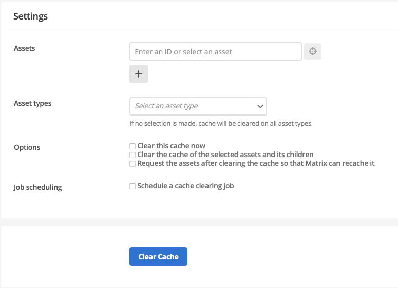 The Clear Matrix cache section of the clear Matrix cache screen