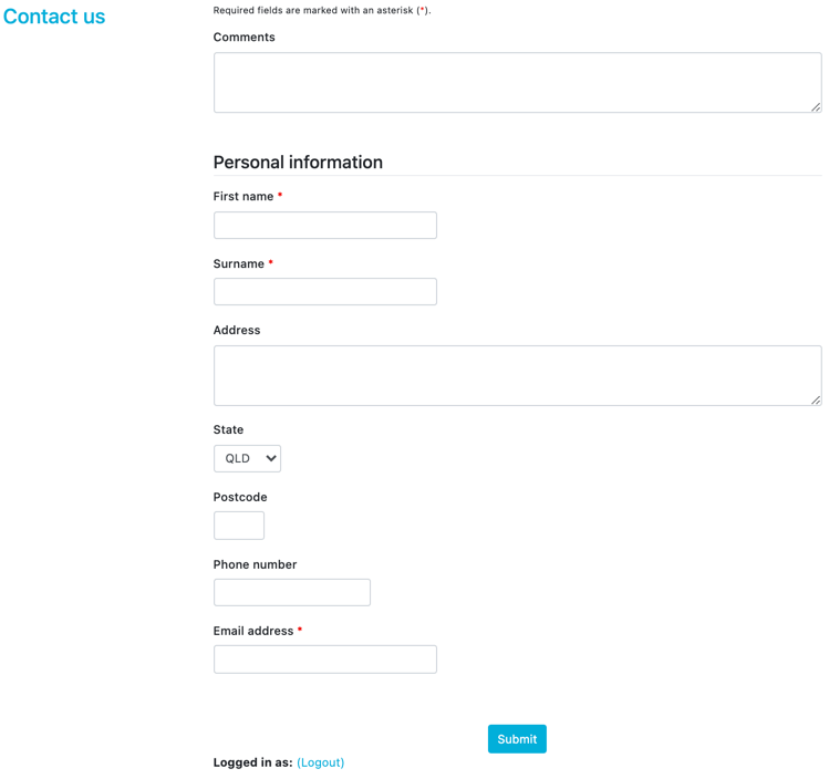 The default layout of the contact us form