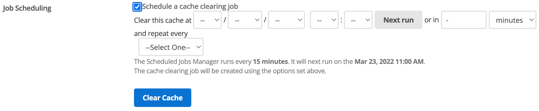 The schedule a cache clearing job UI