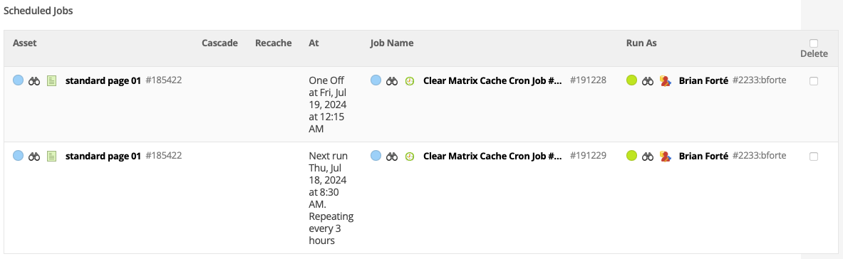 The Scheduled cache clearing jobs section