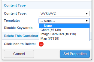 The template selection field on the edit container properties box of a component