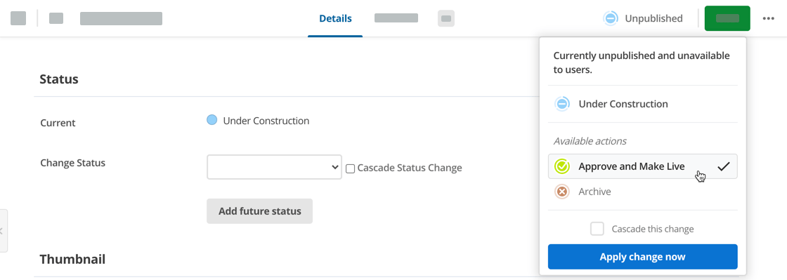 Asset status menu open with a status selected