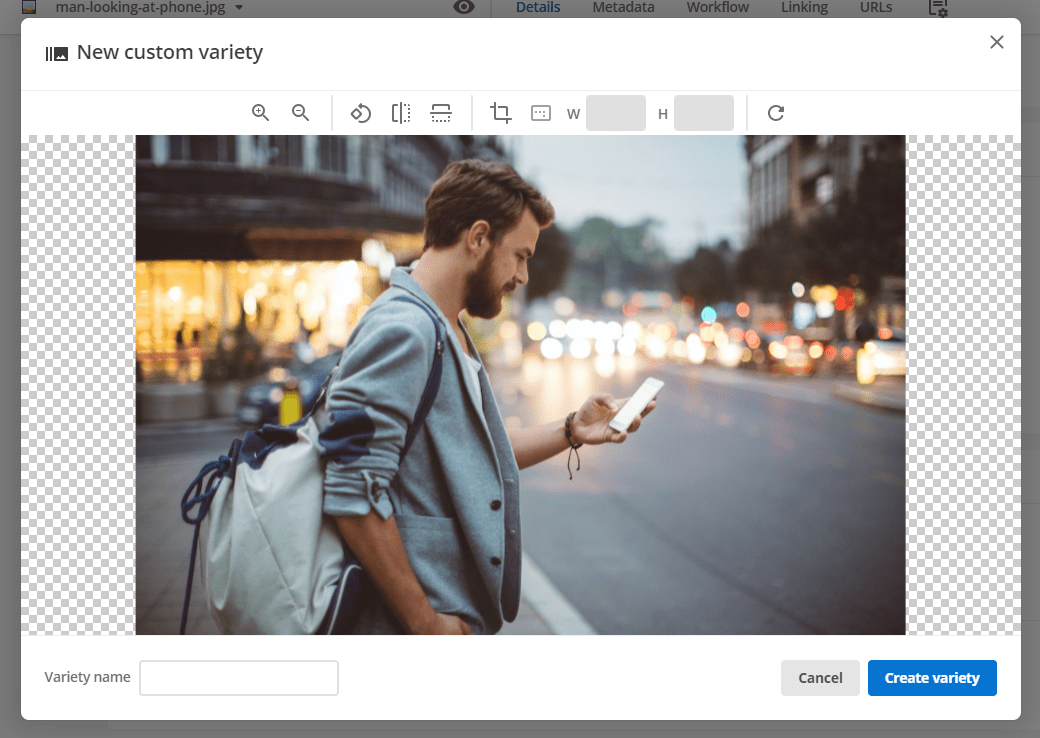 The new custom variety dialog box with an image of a man holding a phone against a blurred cityscape