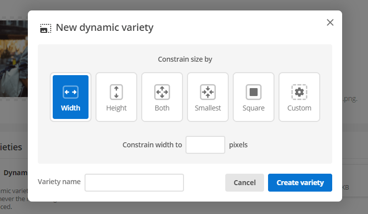 The new dynamic variety dialog box with the Width option selected