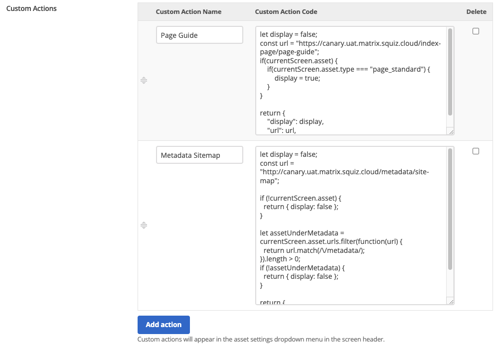 custom actions preferences