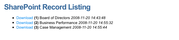 A SharePoint record listing