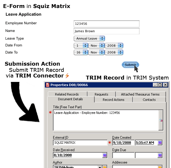 A submission of a TRIM record using an e-form