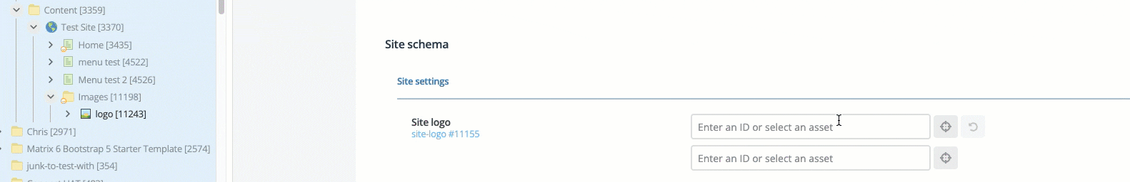 This gif shows the logo field ipartn the metadata. The cursor is choosing the logo file and the asset details are populated in the logo field.