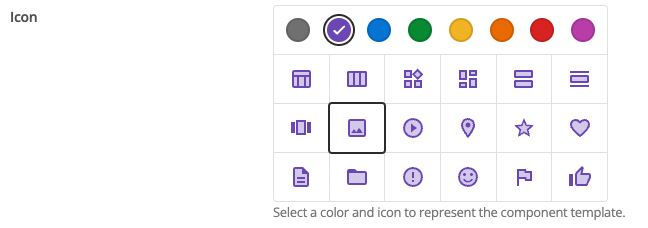 This image shows the Icon section of the Component template details screen. There is a row of colored dots and a grid of basic icons.