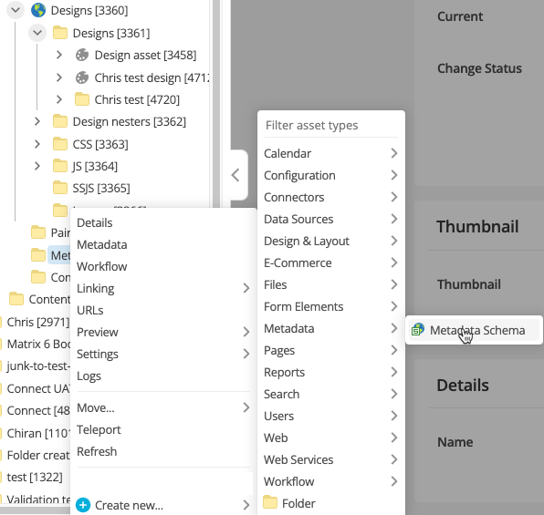This image shows the menu structure used to create a Metadata schema. It shows the menu opened when you right-click on the Metadata Schemas folder. You then mouse over Create New