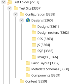 This image shows the Configuration folder child folders created in the preceding steps. The child folders are: Designs