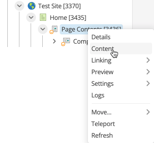This image shows how to access the home page content. It shows the drop-down menu shown when you right-click on the Page Contents asset under the Home page. Content is highlighted.