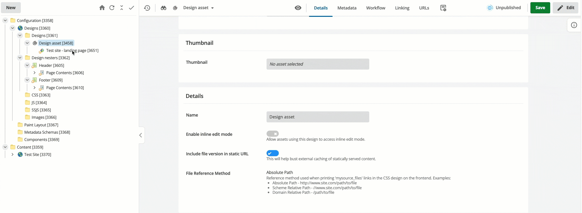 This gif shows how to enable design customizations. The cursor right-clicks on the Test site - landing page asset and selects Details. On the Details screen