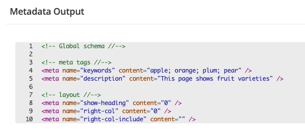 This image shows HTML meta tags for the keywords