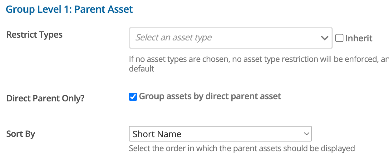 This image shows the settings in the Add New Group section of the Asset Grouping page.