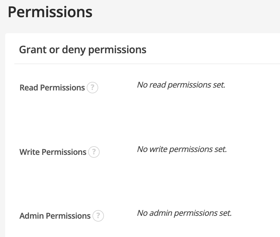 This image shows the settings > permissions page of the site asset. The section is called Grant or deny permissions. There are no permissions granted.