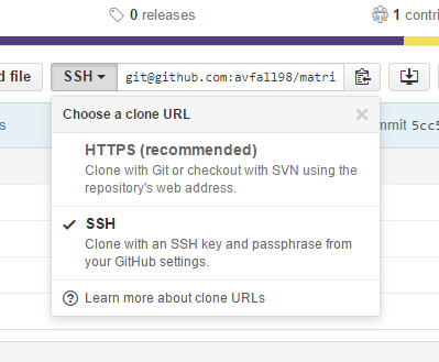 SSH clone URL menu in GitHub web user interface