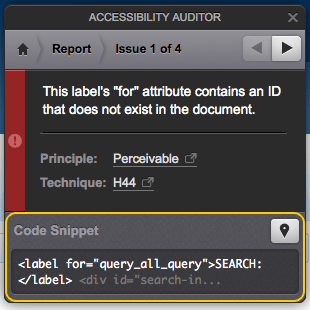 The code snippet section of the accessibility auditor