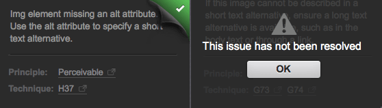 A resolved issue (left) and an unresolved issue (right) on the accessibility auditor