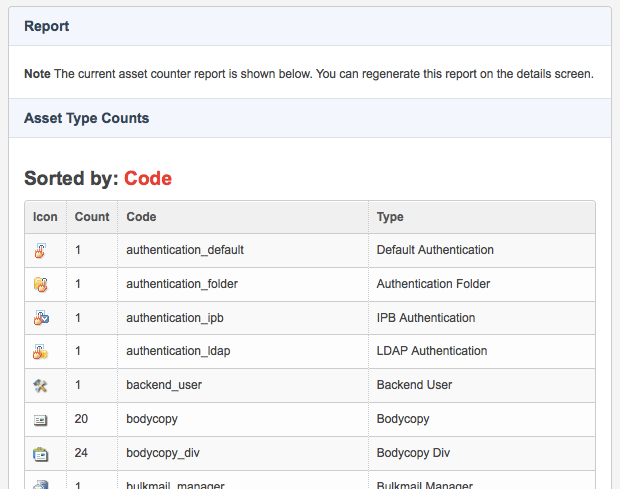 The report and asset type counts sections of the report screen