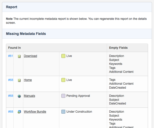 The report and missing metadata fields sections of the report screen