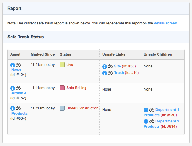 The Report and Safe Trash status sections of the Report screen