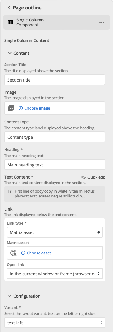 content page outline column component content and configuration options