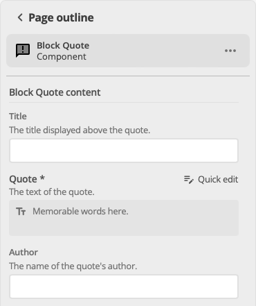 content page outline column component content options