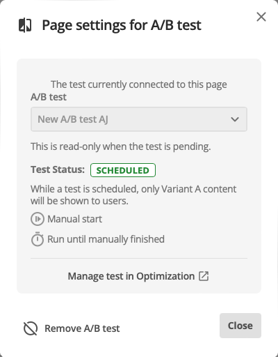 page setting for ab test dialog