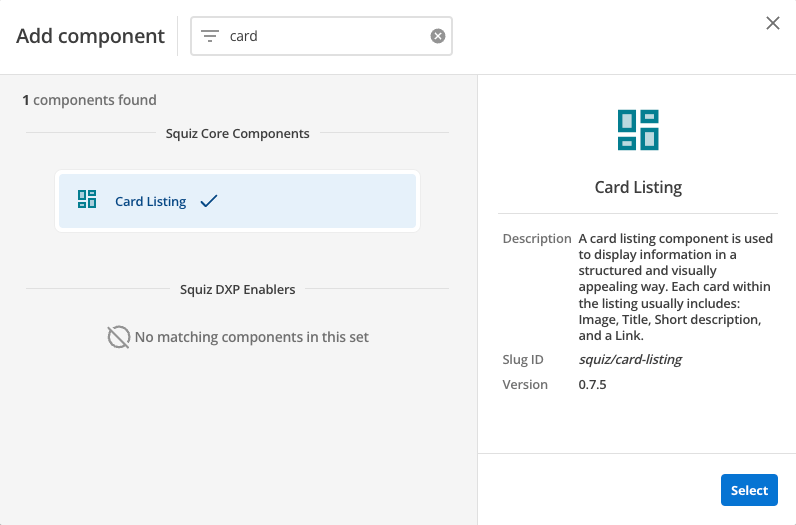 card listing component select