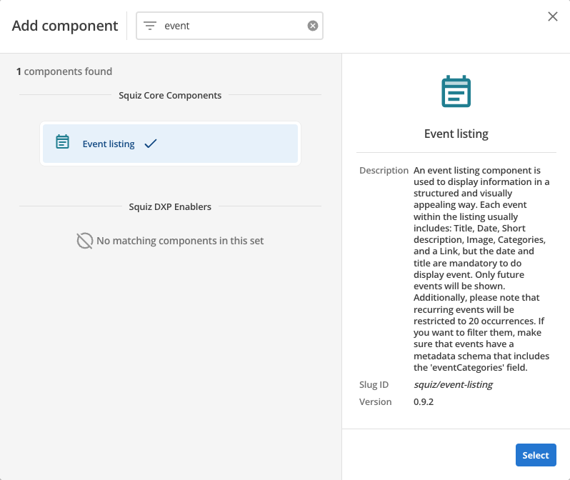 event listing component select