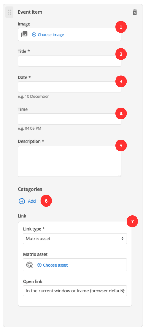 event listing event item fields