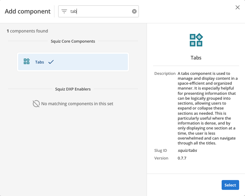 tabs component select