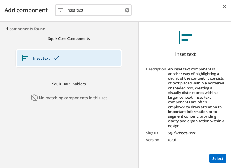 inset text component select