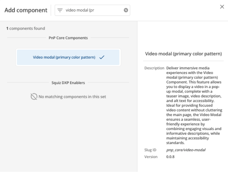 video modal primary component select