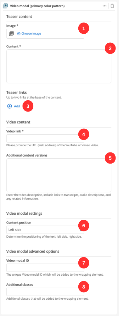 video modal primary fields