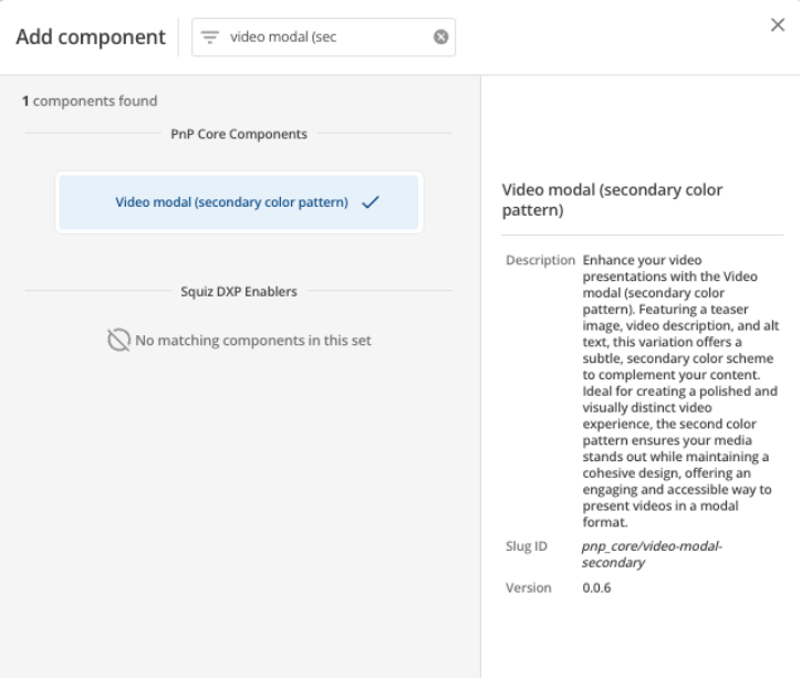 video modal secondary component select